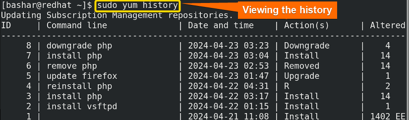 using "yum" command to view transaction history