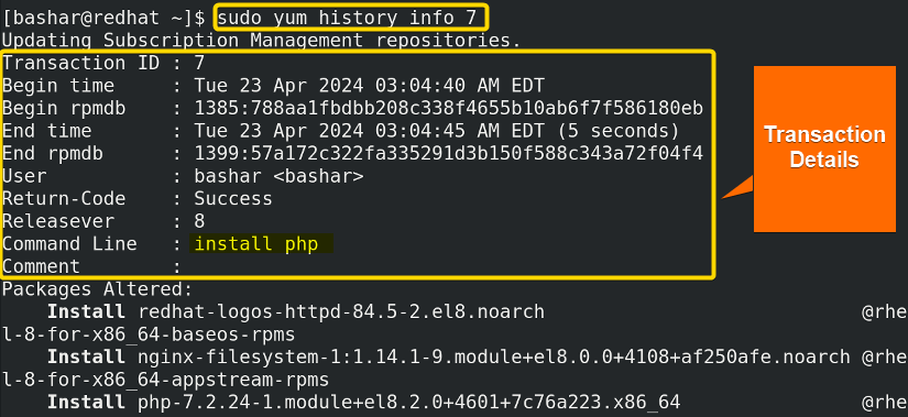 showing a specific transaction using "yum" command