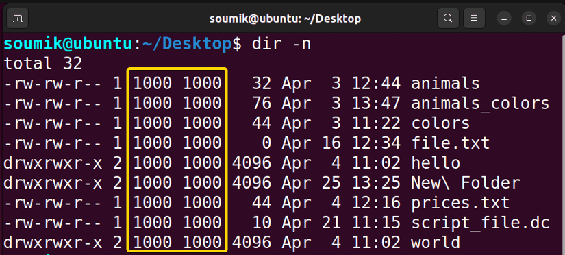 Listing files with owner & group ids