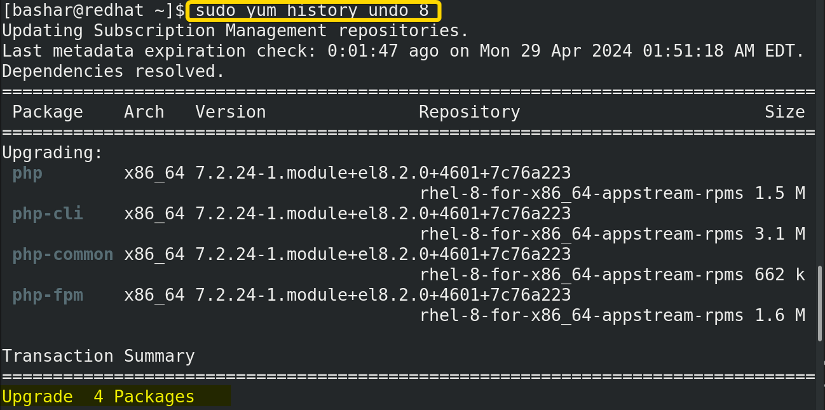 using "yum" command to undo a transaction