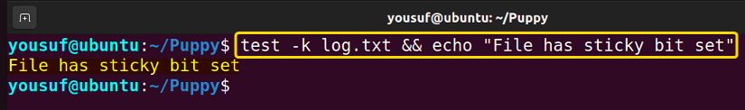 Checking for sticky bit set for files using test command with -k option