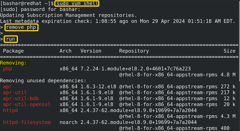 using "yum" shell to remove a transaction