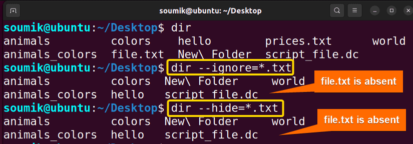 Ignoring specific patterns using dir command in linux