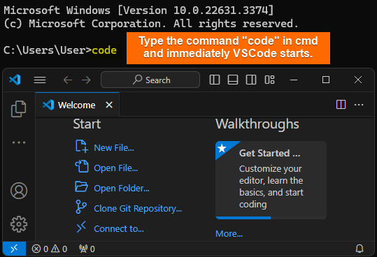 In windows, in the cmd type "code" to open VSCode from terminal.