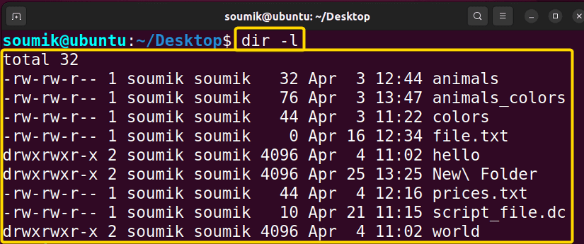 File details with dir -l command