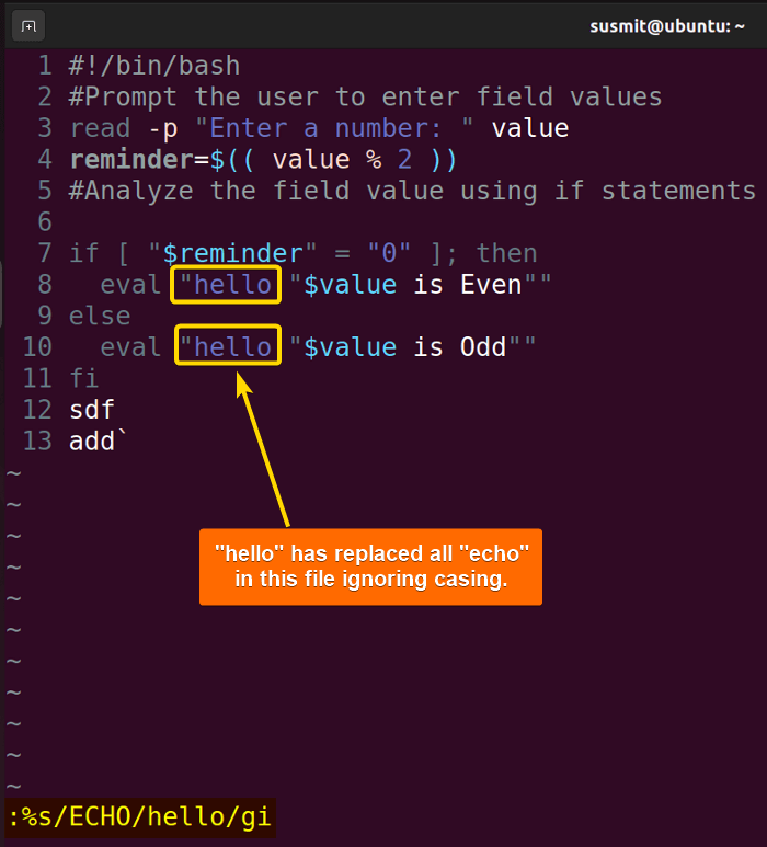 Command has found "echo" and they have been replaced by "hello" in Vim ignoring casing.
