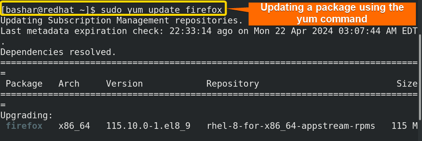 updating a package using "yum" command