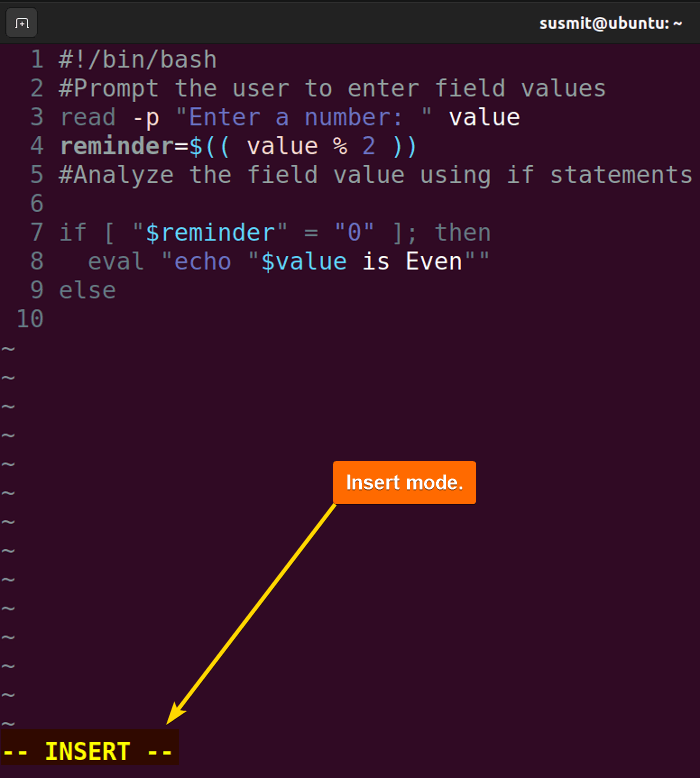 Insert mode in Vim editor.