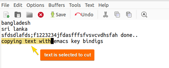 text selected to cut in emacs