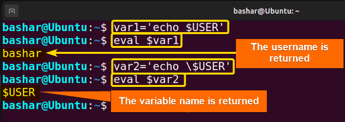 environment variable substitution using "eval" command 