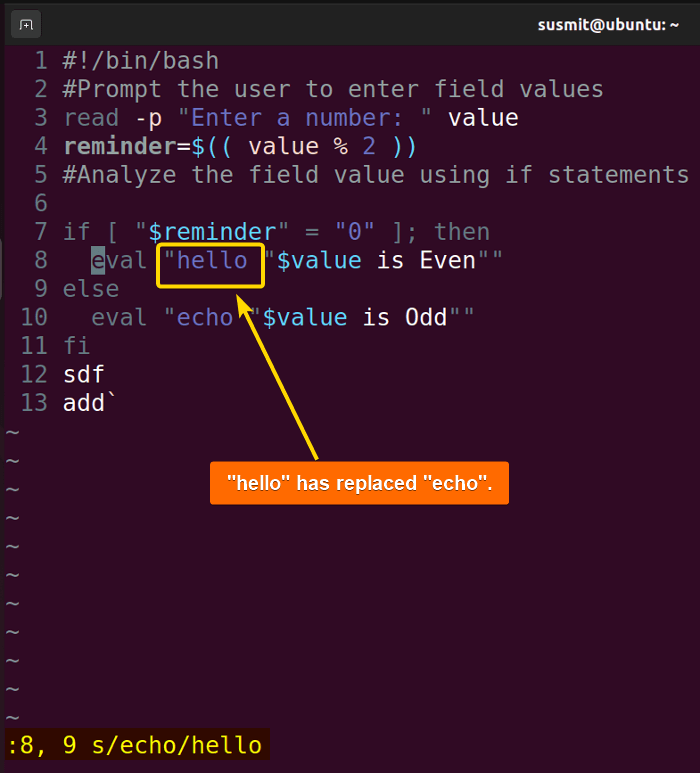 Command has found "echo" and it has been replaced by "hello" in Vim.