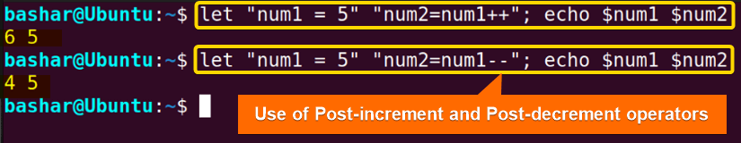 5 using let command in linux along with post-increment and post-decrement operators