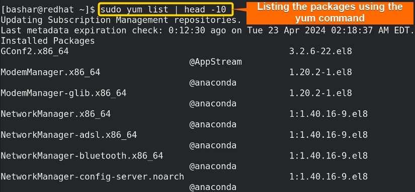 listing packages using "yum" command