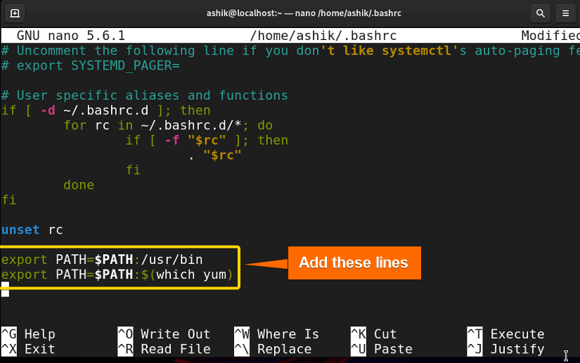 adding yum path variable to bashrc file