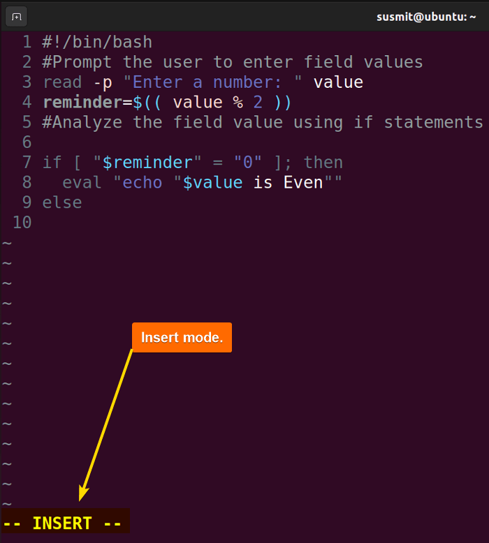 Insert mode in Vim editor.