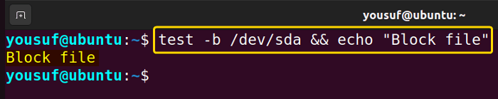 Checking for a block special file using test command with -b option