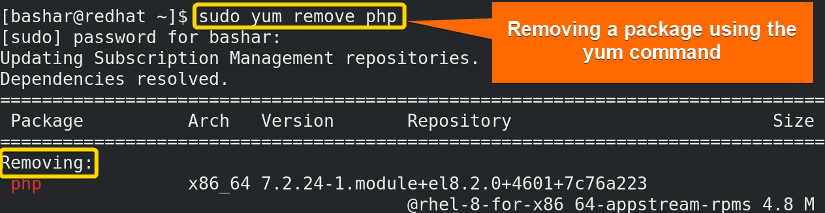 removing a package using the "yum" command