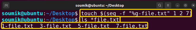 Using seq command in linux with touch command
