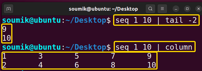 Using seq command in linux with tail and column