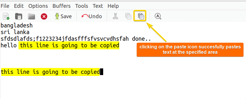 the copied text is pasted using paste toolbar icon