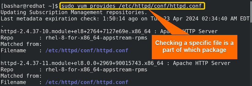 searching a specific file using "yum" command