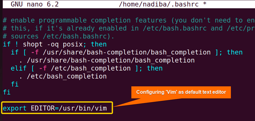 Setting default text editor by configuring 'EDITOR' environment variable in '.bashrc' file