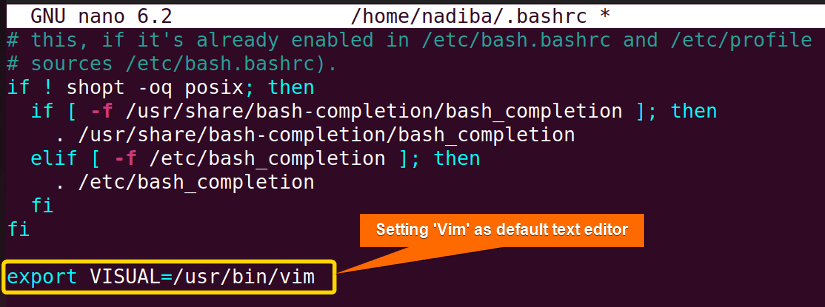 Setting default text editor by configuring 'VISUAL' environment variable in '.bashrc' file