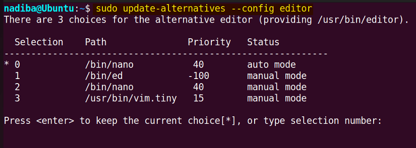 Setting default text editor using 'update-alternatives --config editor' command